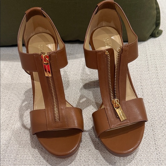 Michael Kors Brown Leather Zip-Front Block Heel Sandals - Picture 2 of 3